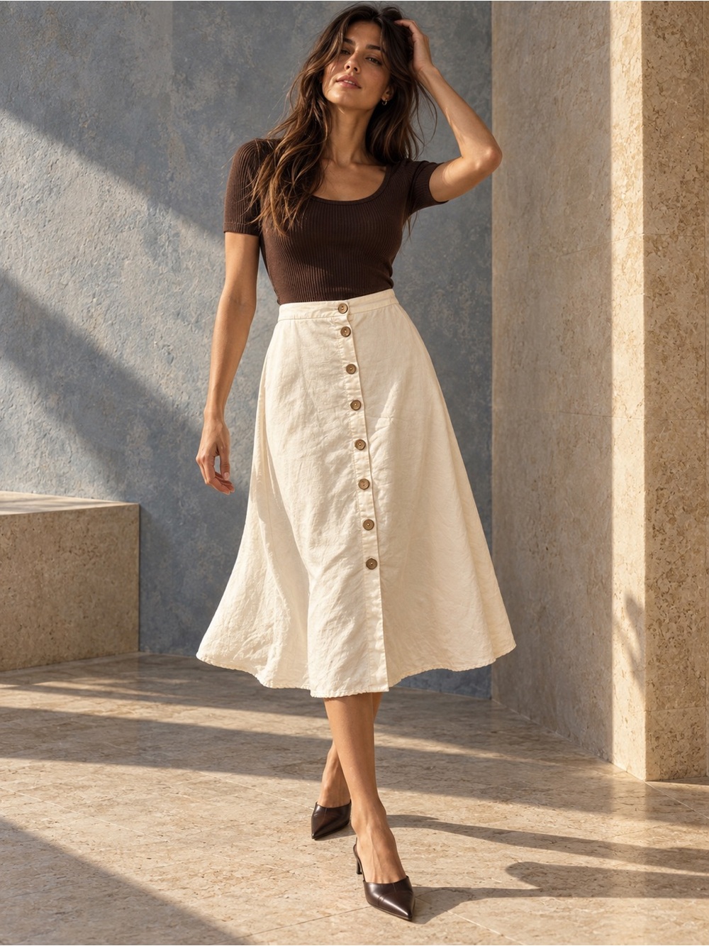Grae Cove Ivory Linen Cotton Button Front A-Line Midi Skirt, Size M